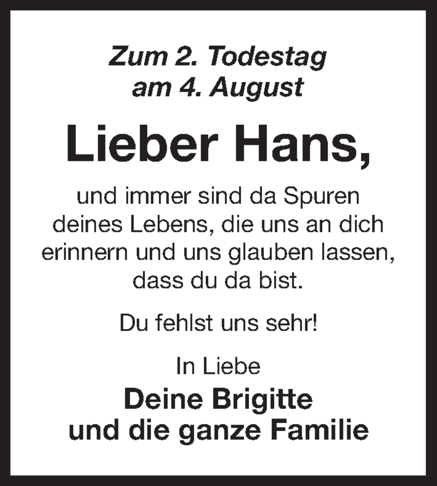  Traueranzeige für Hans  vom 02.08.2025 aus Der Bote
