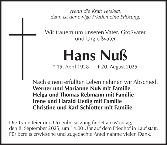 Traueranzeige von Hans Nuß von Pegnitz-Zeitung