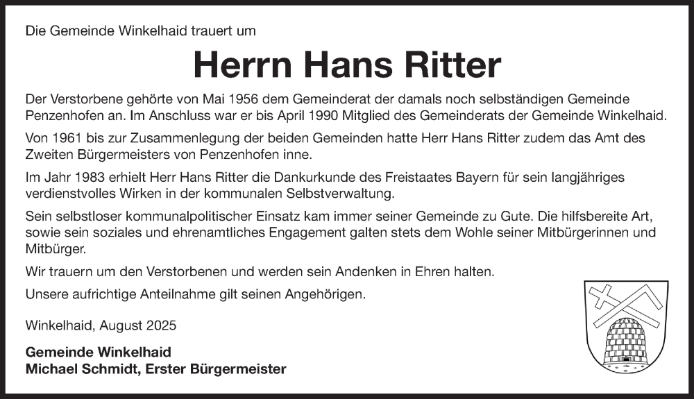  Traueranzeige für Hans Ritter vom 16.08.2025 aus Der Bote