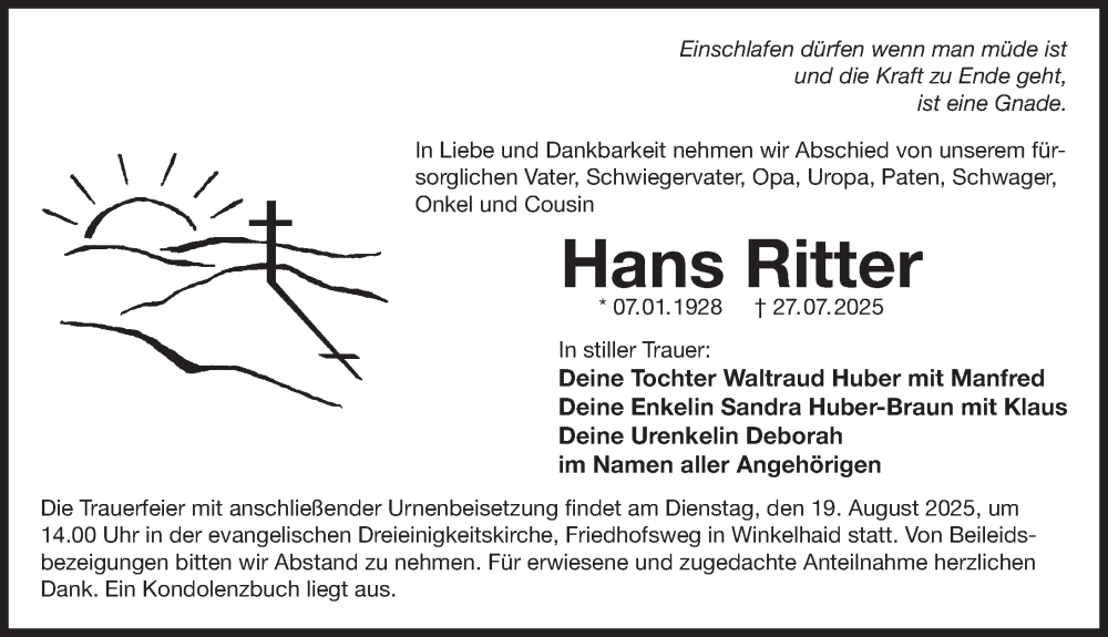  Traueranzeige für Hans Ritter vom 16.08.2025 aus Der Bote