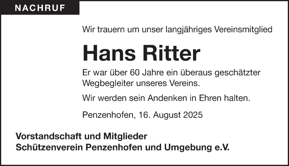  Traueranzeige für Hans Ritter vom 19.08.2025 aus Der Bote