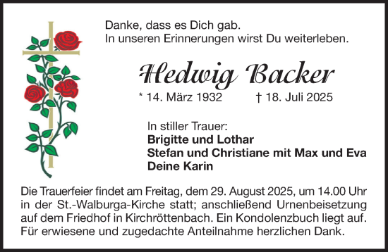 Traueranzeige von Hedwig Backer von Pegnitz-Zeitung