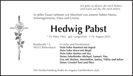 Traueranzeige von Hedwig Pabst von Pegnitz-Zeitung