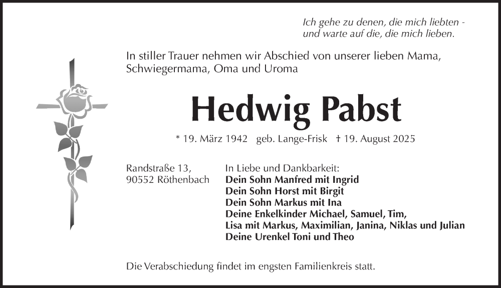  Traueranzeige für Hedwig Pabst vom 23.08.2025 aus Pegnitz-Zeitung