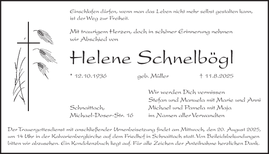 Traueranzeige von Helene Schnelbögl von Pegnitz-Zeitung