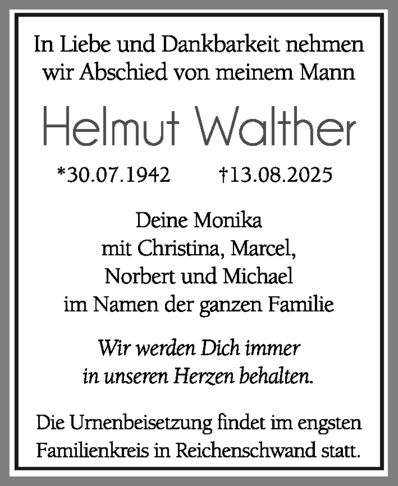  Traueranzeige für Helmut Walther vom 20.08.2025 aus Hersbrucker Zeitung Lokal