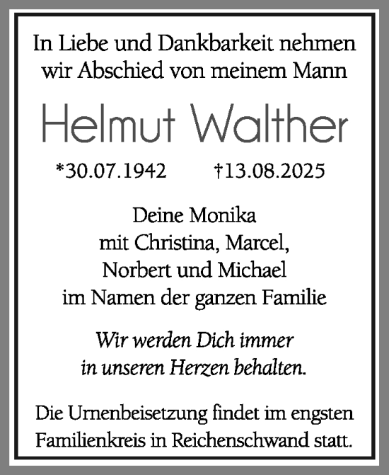 Traueranzeige von Helmut Walther von Hersbrucker Zeitung Lokal