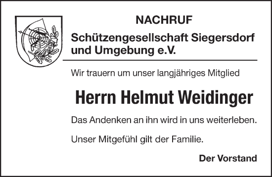 Traueranzeige von Helmut Weidinger von Pegnitz-Zeitung