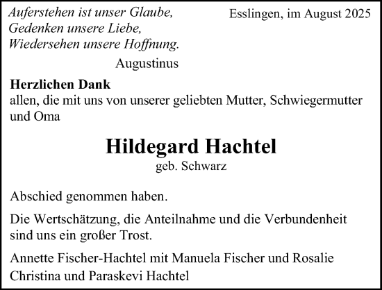 Traueranzeige von Hildegard Hachtel von Hersbrucker Zeitung Lokal