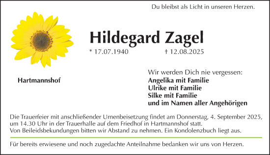 Traueranzeige von Hildegard Zagel von Hersbrucker Zeitung Lokal