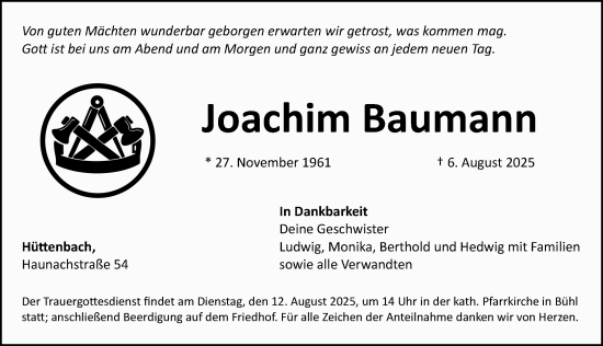 Traueranzeige von Joachim Baumann von Pegnitz-Zeitung