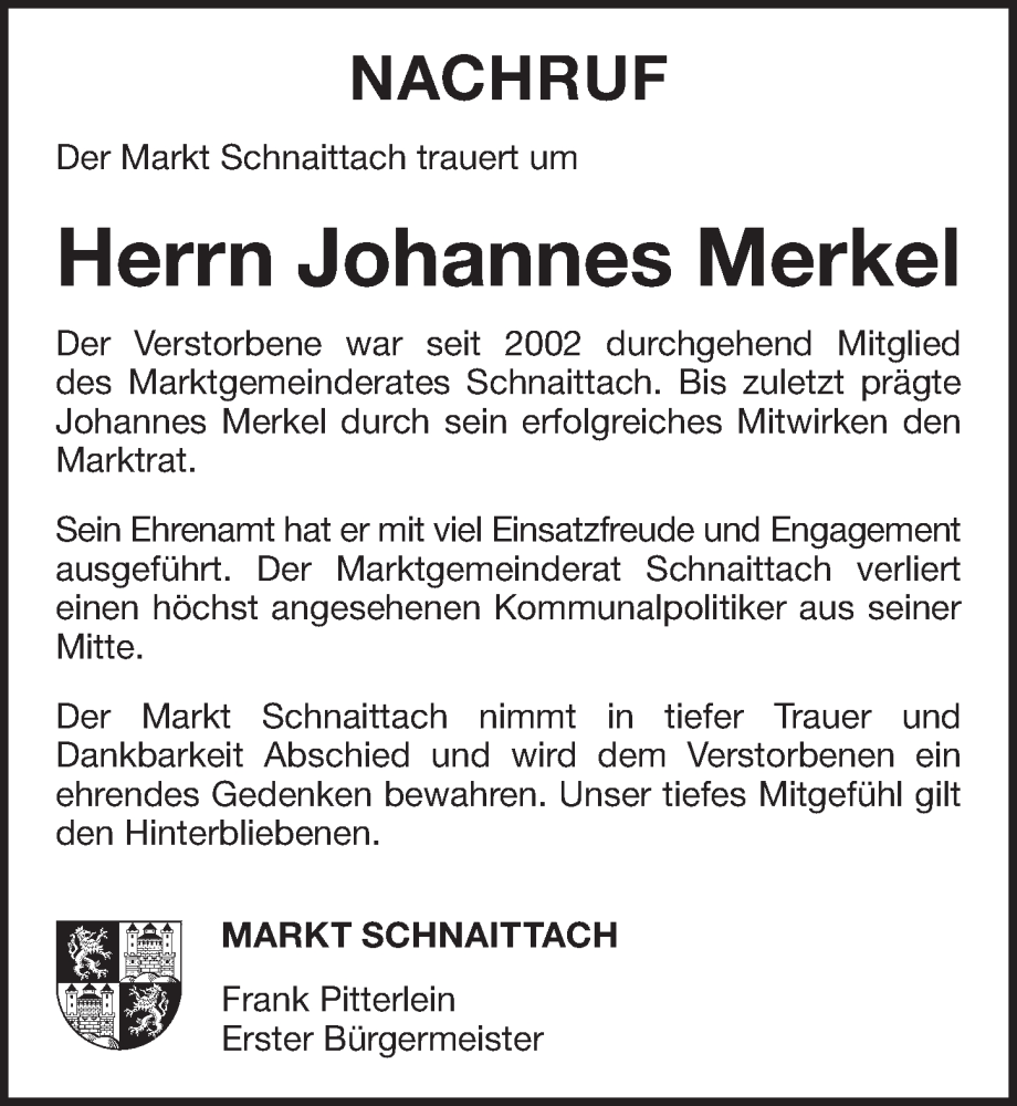  Traueranzeige für Johannes Merkel vom 12.07.2025 aus Pegnitz-Zeitung