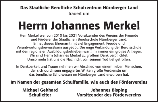 Traueranzeige von Johannes Merkel von Pegnitz-Zeitung