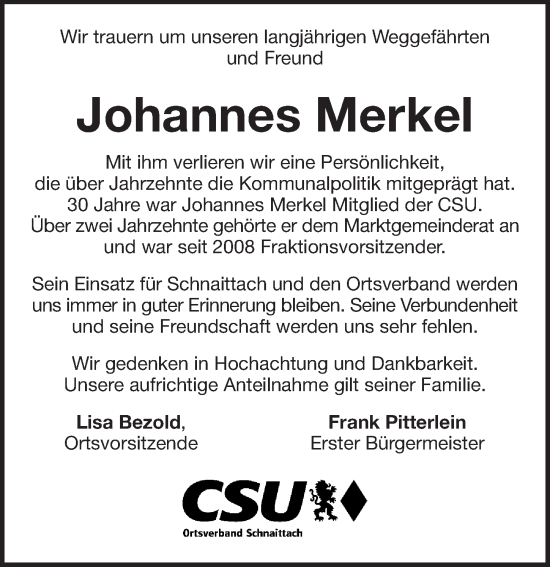Traueranzeige von Johannes Merkel von Pegnitz-Zeitung