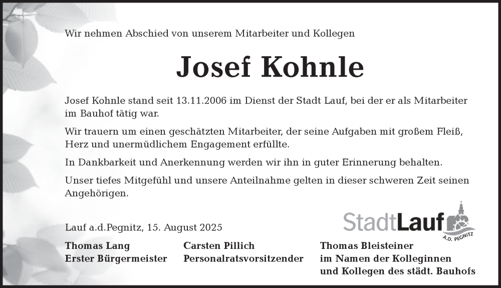  Traueranzeige für Josef Kohnle vom 16.08.2025 aus Pegnitz-Zeitung