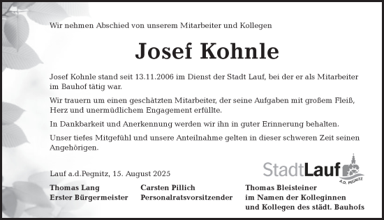 Traueranzeige von Josef Kohnle von Pegnitz-Zeitung