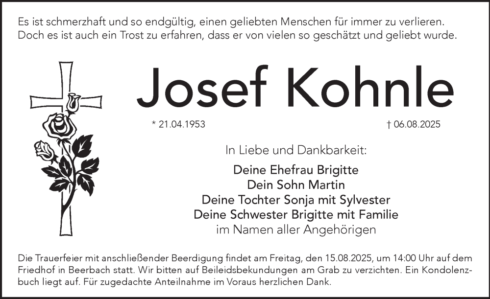  Traueranzeige für Josef Kohnle vom 12.08.2025 aus Pegnitz-Zeitung