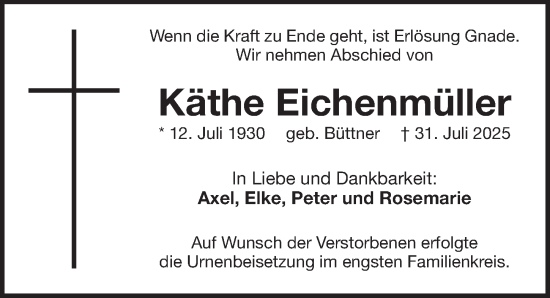 Traueranzeige von Käthe Eichenmüller von Pegnitz-Zeitung