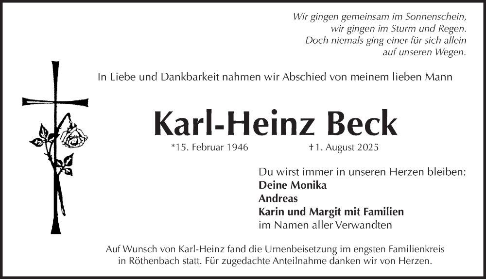  Traueranzeige für Karl-Heinz Beck vom 16.08.2025 aus Pegnitz-Zeitung
