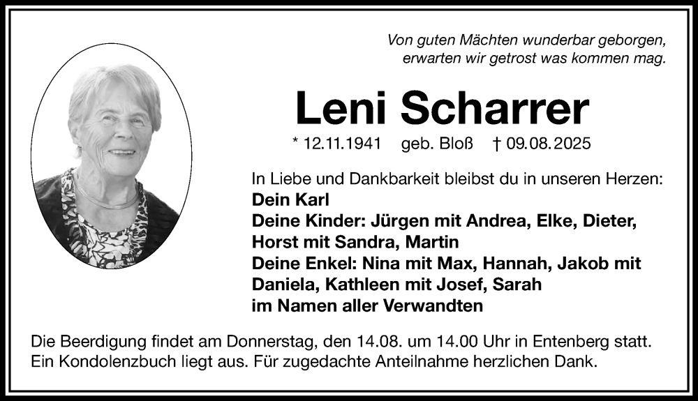 Traueranzeige für Leni Scharrer vom 12.08.2025 aus Hersbrucker Zeitung Lokal