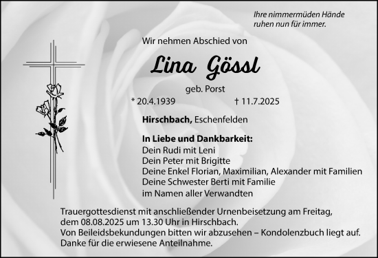 Traueranzeige von Lina Gössl von Hersbrucker Zeitung Lokal