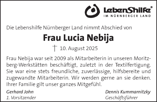 Traueranzeige von Lucia Nebija von Pegnitz-Zeitung