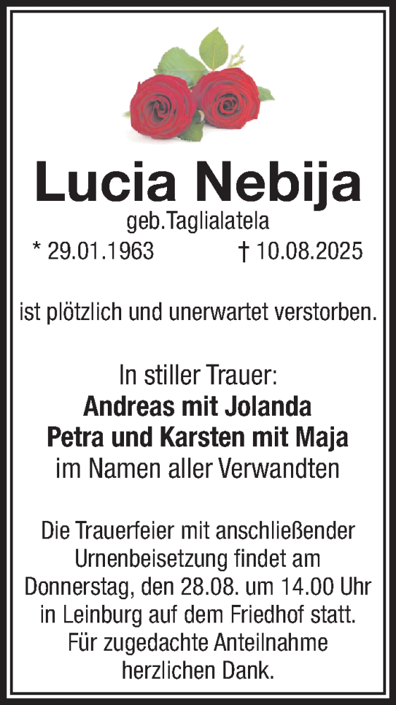  Traueranzeige für Lucia Nebija vom 23.08.2025 aus Pegnitz-Zeitung