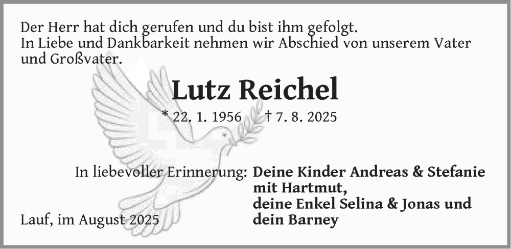  Traueranzeige für Lutz Reichel vom 16.08.2025 aus Pegnitz-Zeitung