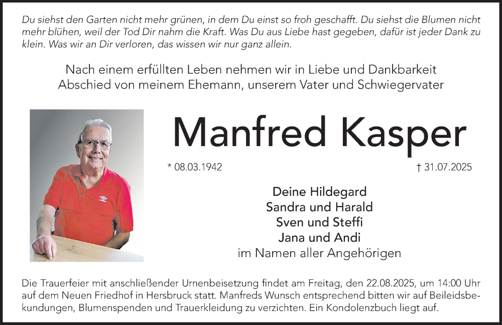  Traueranzeige für Manfred Kasper vom 16.08.2025 aus Hersbrucker Zeitung Lokal