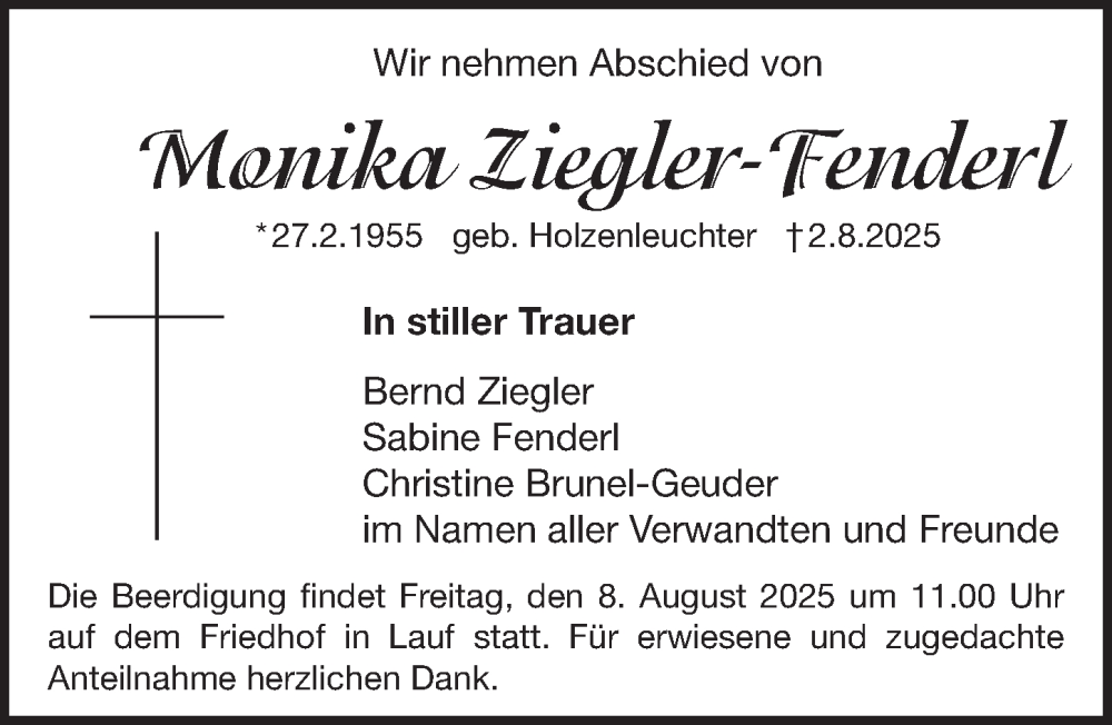  Traueranzeige für Monika Ziegler-Fenderl vom 06.08.2025 aus Pegnitz-Zeitung