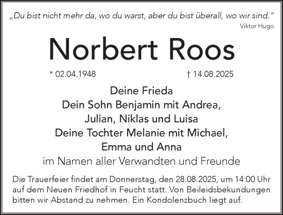 Traueranzeige von Norbert Roos von Der Bote