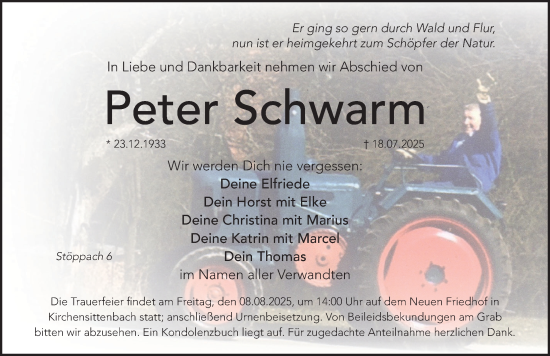 Traueranzeige von Peter Schwarm von Hersbrucker Zeitung Lokal