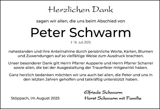 Traueranzeige von Peter Schwarm von Hersbrucker Zeitung Lokal