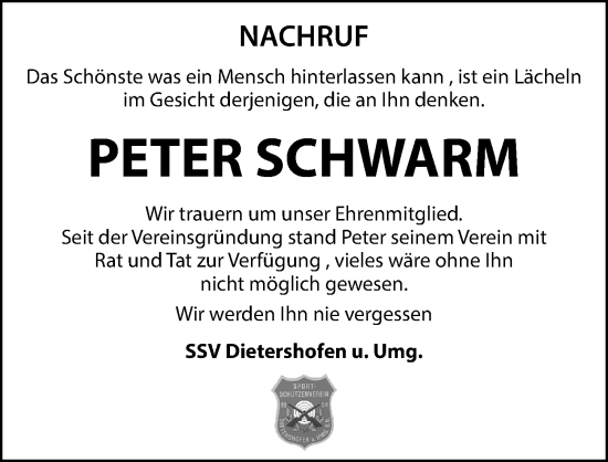 Traueranzeige von Peter Schwarm von Hersbrucker Zeitung Lokal