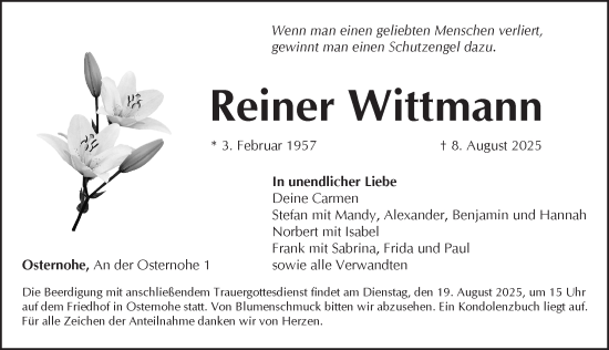 Traueranzeige von Reiner Wittmann von Pegnitz-Zeitung