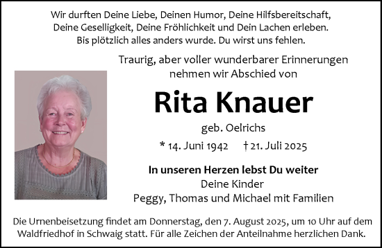 Traueranzeige von Rita Knauer von Pegnitz-Zeitung