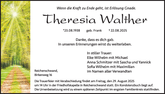 Traueranzeige von Theresia Walther von Hersbrucker Zeitung Lokal