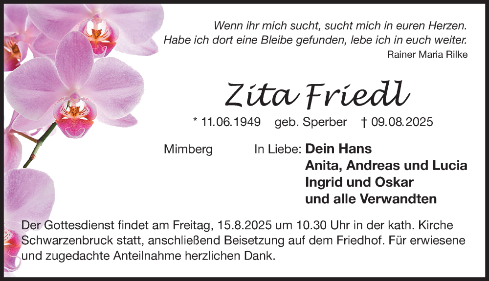  Traueranzeige für Zita Friedl vom 13.08.2025 aus Der Bote