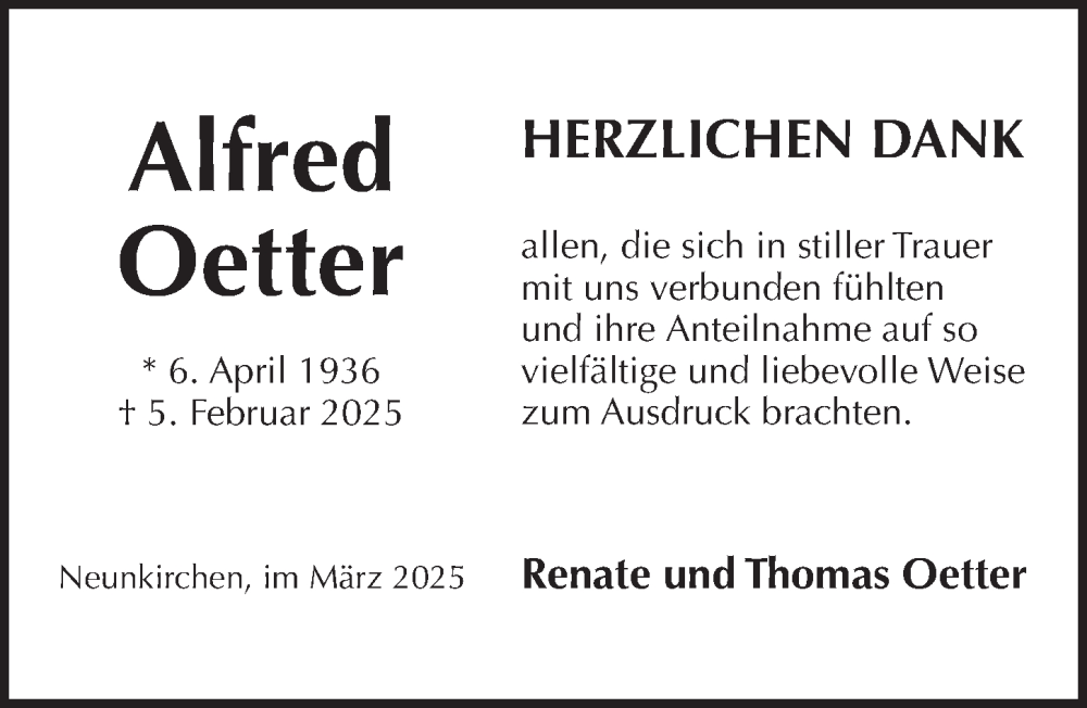  Traueranzeige für Alfred Oetter vom 22.03.2025 aus Pegnitz-Zeitung
