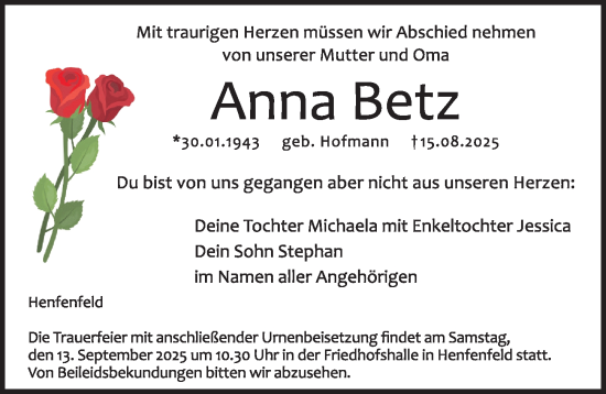 Traueranzeige von Anna Betz von Hersbrucker Zeitung Lokal