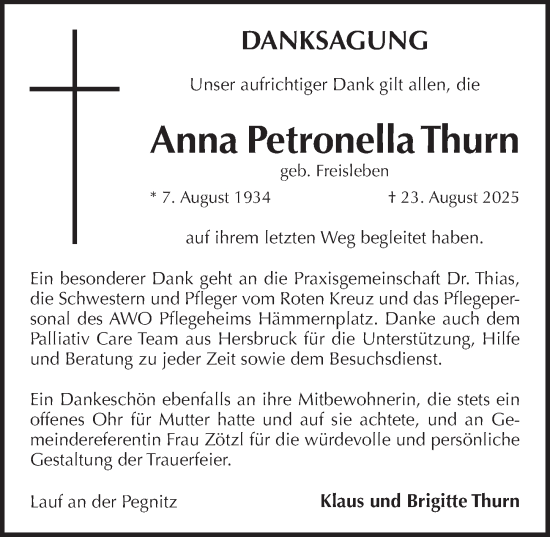 Traueranzeige von Anna Petronella Thurn von Pegnitz-Zeitung