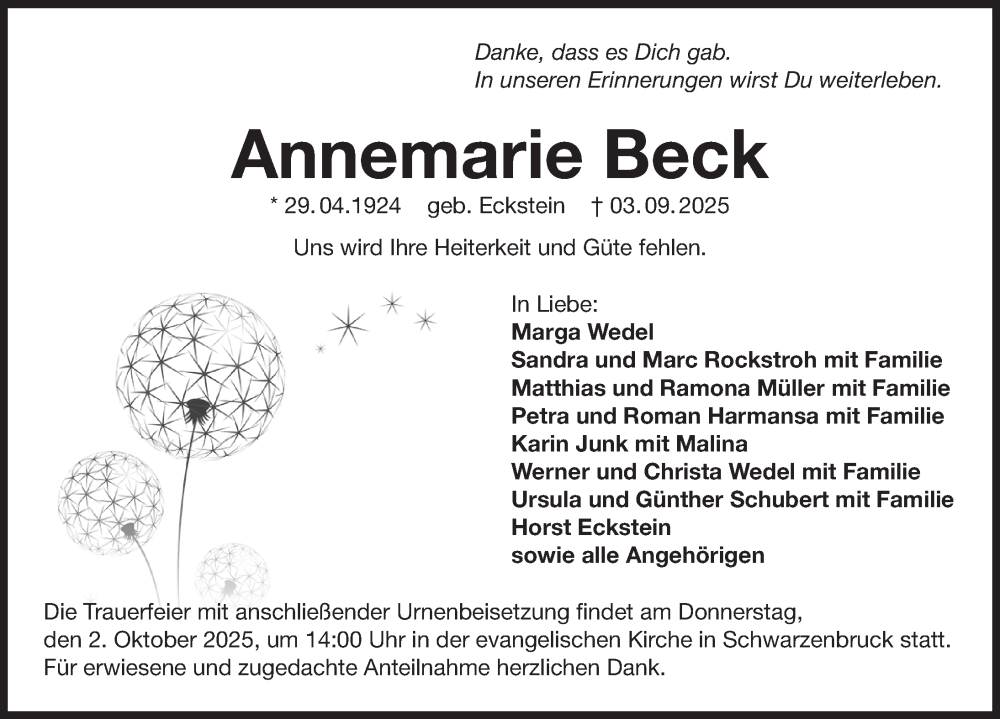  Traueranzeige für Annemarie Beck vom 27.09.2025 aus Der Bote