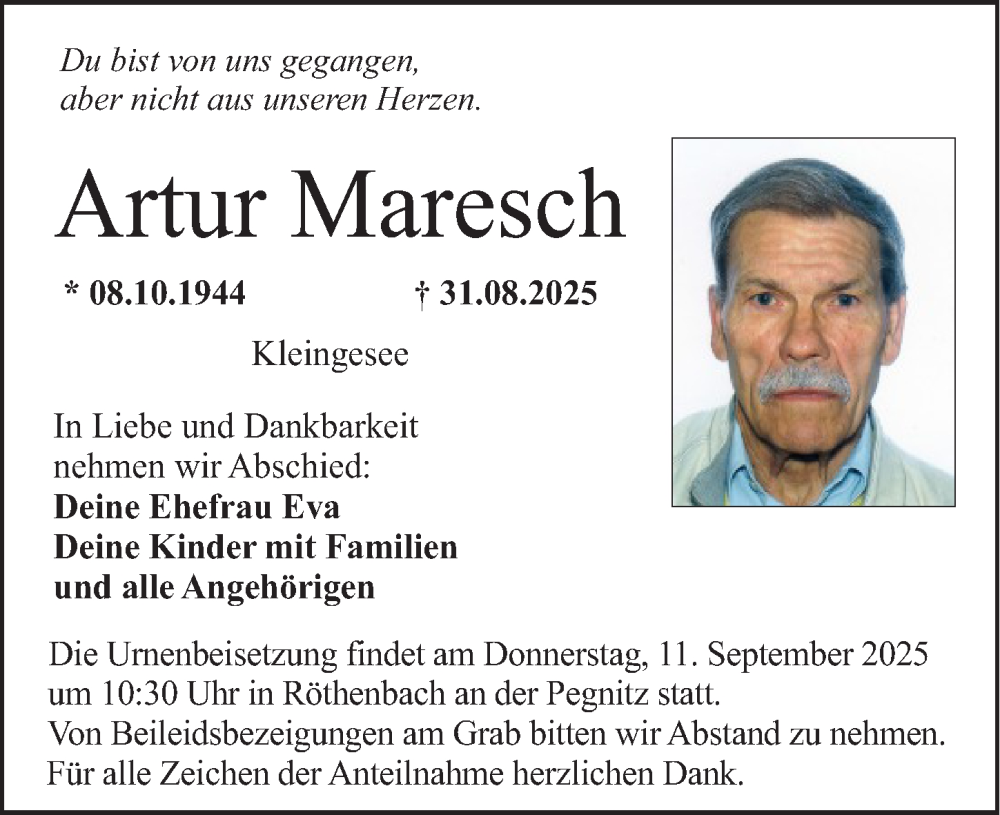  Traueranzeige für Artur Maresch vom 09.09.2025 aus Pegnitz-Zeitung