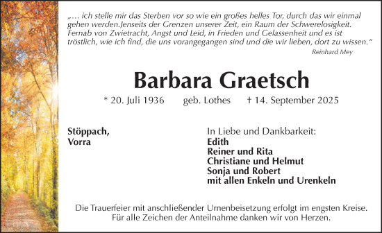 Traueranzeige von Barbara Graetsch von Hersbrucker Zeitung Lokal