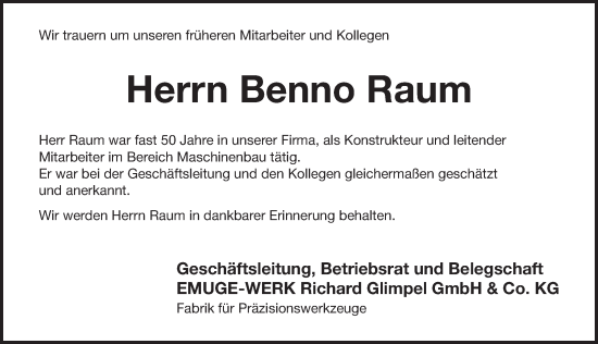 Traueranzeige von Benno Raum von Pegnitz-Zeitung