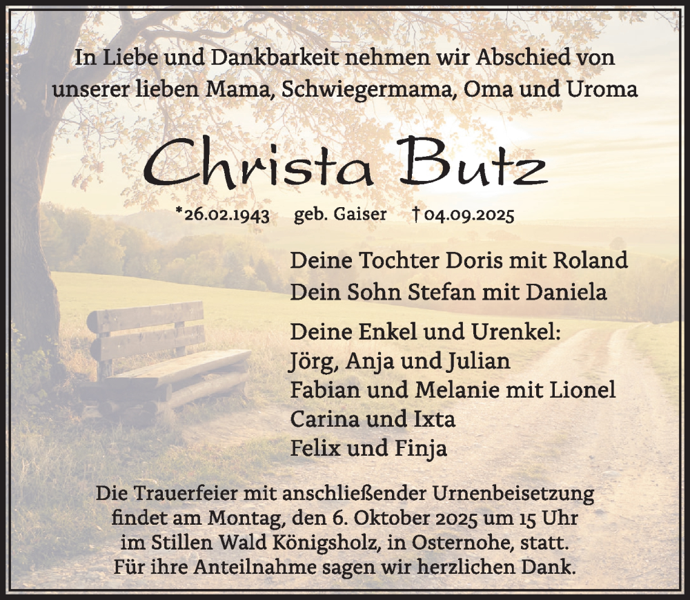  Traueranzeige für Christa Butz vom 27.09.2025 aus Pegnitz-Zeitung