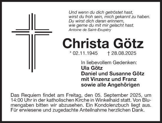 Traueranzeige von Christa Götz von Der Bote
