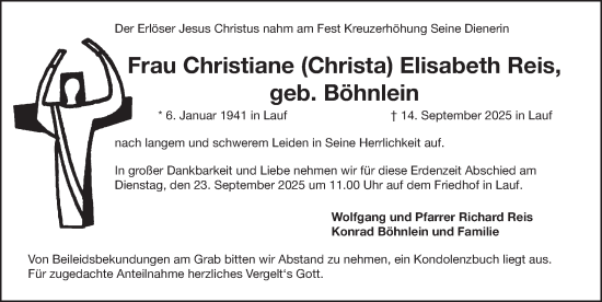 Traueranzeige von Christiane Elisabeth Reis von Pegnitz-Zeitung