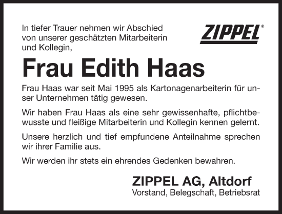 Traueranzeige von Edith Haas von Der Bote