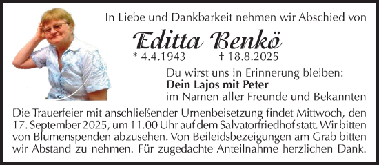 Traueranzeige von Editta Benkö von Pegnitz-Zeitung